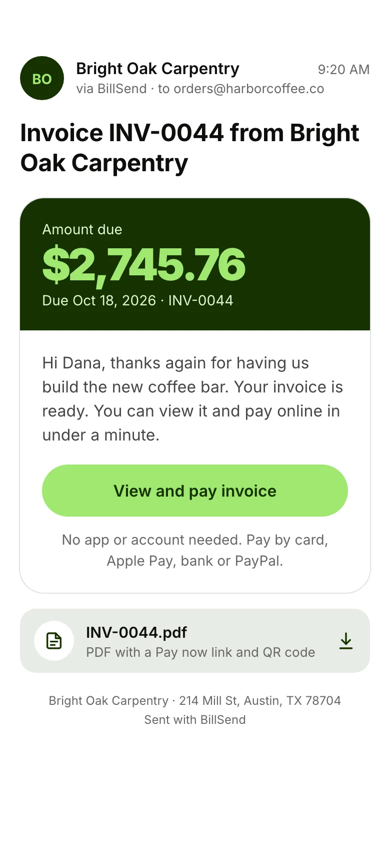 The client’s email: invoice INV-0044 from Bright Oak Carpentry, $2,745.76 due