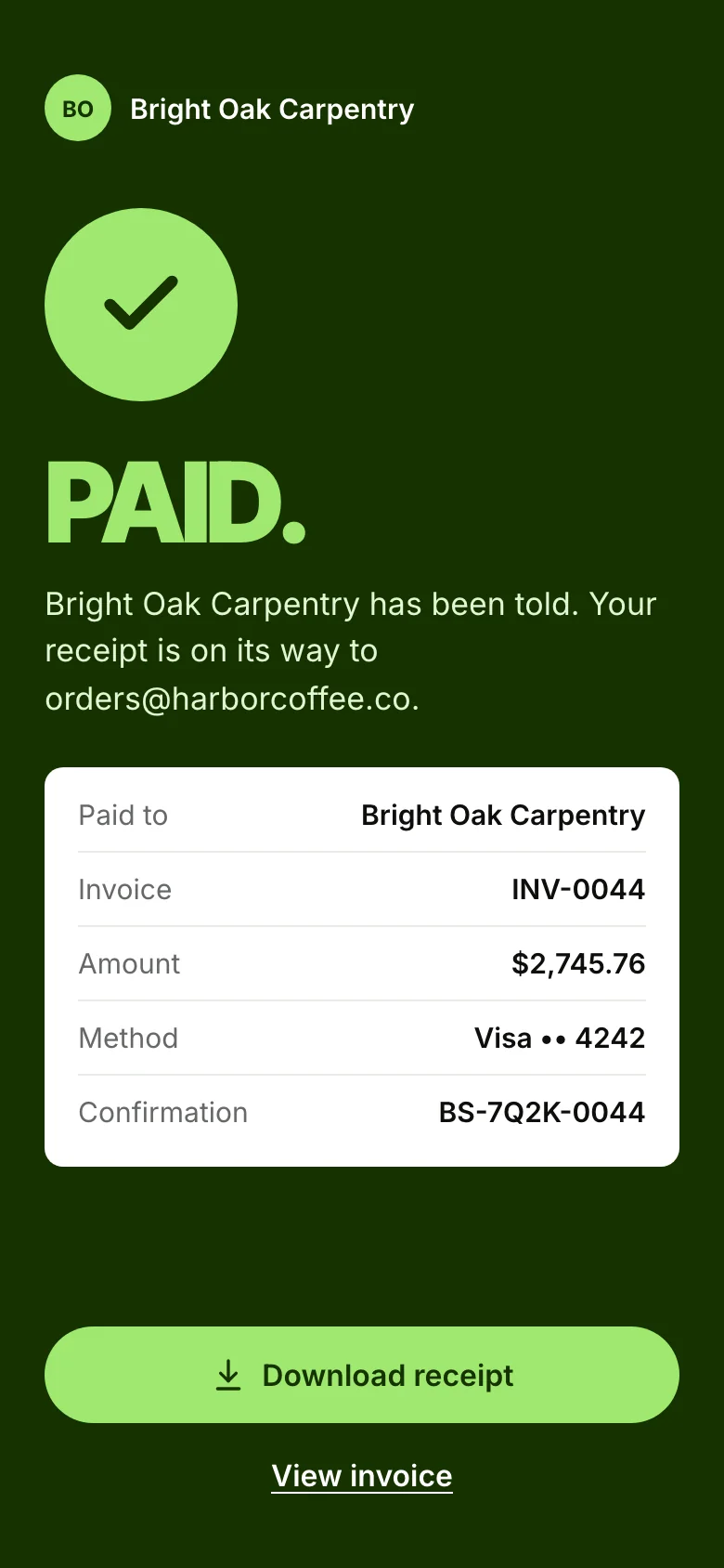 Payment confirmed: PAID, with the receipt details