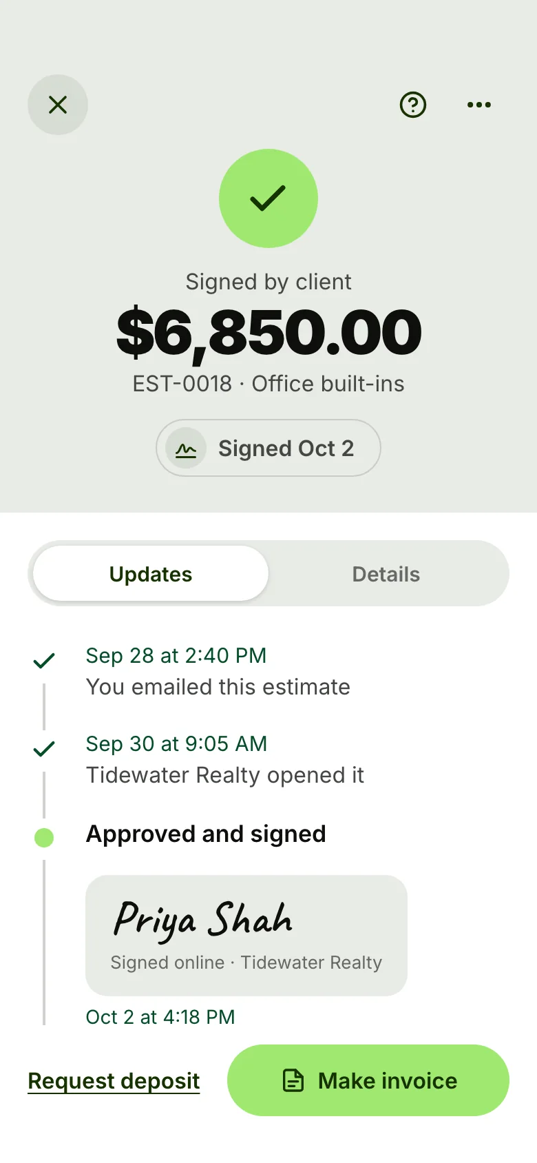 A signed estimate: EST-0018 for $6,850.00, signed by Tidewater Realty